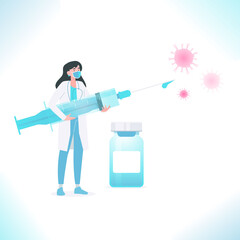 Vaccination and immunization concept. Doctor wearing medical mask holding medical syringe with vaccine against virus germs. Fighting against disease, vector illustration