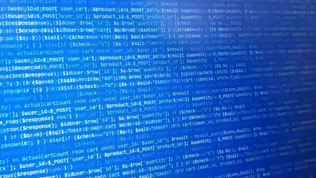 Blue software development screen. Computer science. Programming language background. 