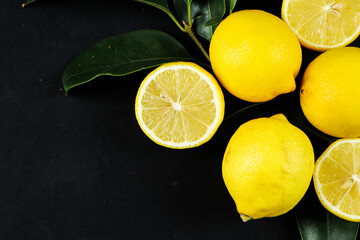Group of lemons with leaves, isolated on background