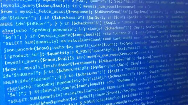 Blue software development screen. Computer science. Programming language background. 