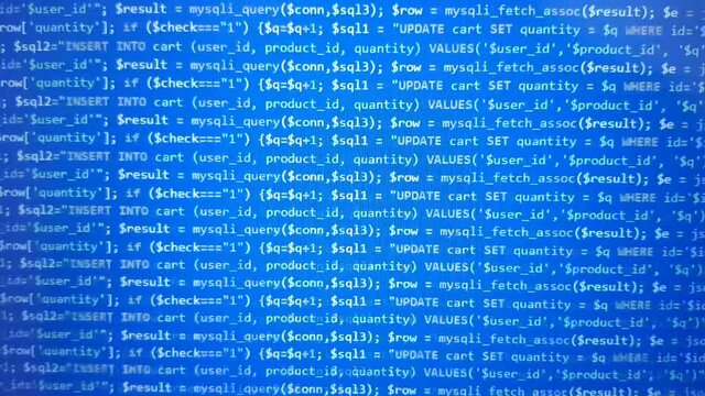 Blue software development screen. Computer science. Programming language background. 