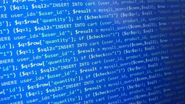 Blue software development screen. Computer science. Programming language background. 