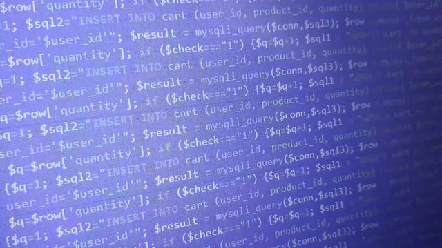 Blue software development screen. Computer science. Programming language background. 