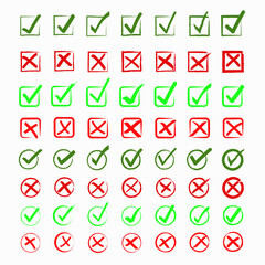 Set of hand drawn check marks, true or false sign icon of red and green color.