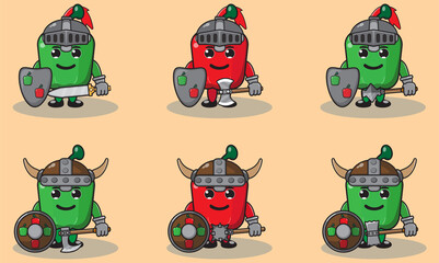 Illustration vector graphic cartoon character of cute Paprika knight. Cute smile face and hand down pose set. Shield and sword. Good for icon,logo, label,sticker, clipart.