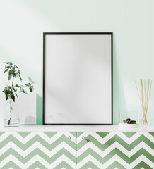 interior poster mock up with vertical blank frame on the desk with mint color wall, 3d rendering