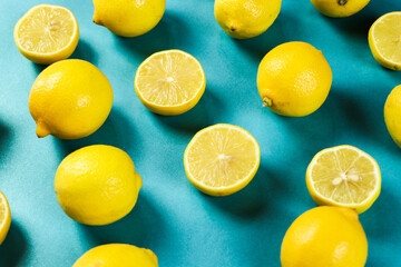 Group of lemons with leaves, isolated on background