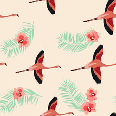 Seamless beautiful vector illustration with tropical orchids and flamingo on a beige background.