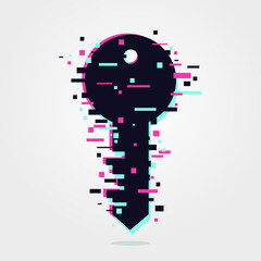 Digital key icon. Glitch effect login symbol. Wed identity and privacy concept. Flat vector design sign.