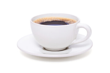 Black coffee in a white cup on plate top view isolated on white background. With clipping path