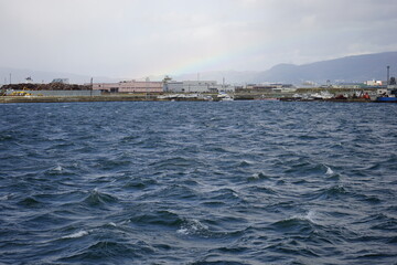 Landscape of Hakodate bay from Seikan Ferry , ferry for conveying passenger between Hakodate and Aomori Port , Hokkaido , Japan - 青函フェリーからの眺望 函館湾 