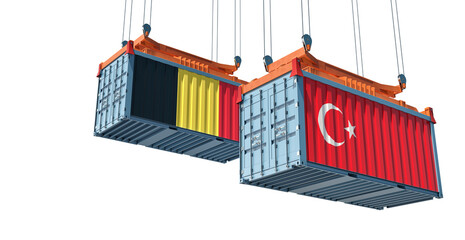 Freight containers with Belgium and Turkey national flags. 3D Rendering 