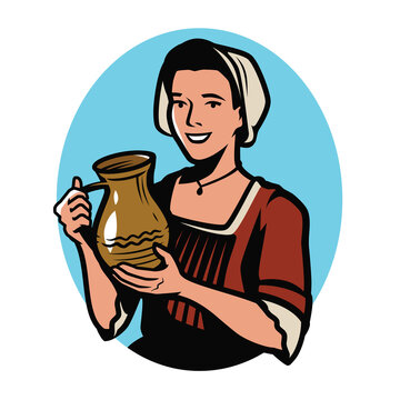 Beautiful girl with clay jug. Retro vector illustration