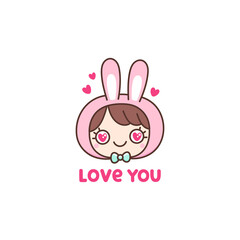 Little girl in bunny hat, with hearts and text 