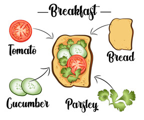 Toast with tomatoes, pepper, cucumbers and parsley, ingredients of the toast, recipe.