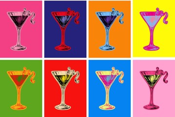Set of Colored Hand Drawn Sketch Cosmopolitan Cocktail Drinks Vector Illustration. artificial art