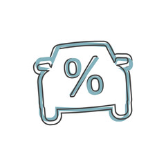 Vector car icon and percent sign. Loan symbol on cartoon style on white isolated background.