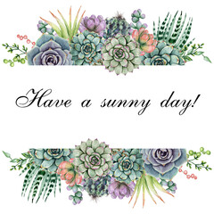 Watercolor succulent frame. Hand painted green and violet cactus border. Summer clipart. For wedding design, invitations, fabric, textile, baby shower, wedding. Isolated on white background. 