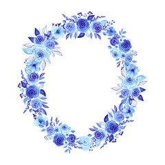Watercolor blue roses oval wreath. Monochrome peonies round frame. Blue branches and leaves. Isolated illustration. Perfect for wedding invitation, bridal shower, postcard, greeting