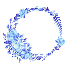 Watercolor blue roses oval wreath. Monochrome peonies frame. Blue branches and leaves. Isolated illustration. Perfect for wedding invitation, bridal shower, postcard, greeting