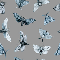 blue night butterfly, indigo butterfly seamless pattern, wild insects, watercolor vintage illustration