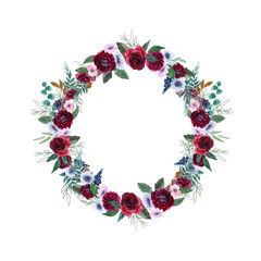Watercolor pink and red peonies wreath. Circle pink and bordeaux roses frame. Green branches. Isolated floral Illustration. Perfect template for design, wedding, invitations, sublimation