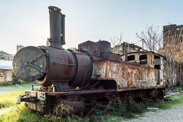 Fototapeta na wymiar Old rusty train in the old Beirut train station in Mar Mikhael, Lebanon