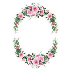 Watercolor pink peonies wreath. Oval pink roses frame. Green branches and leaves. Isolated floral Illustration. Perfect template for design, Wedding, invitation, Birthday, Bridal shower