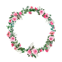 Watercolor pink peonies wreath. Oval pink roses frame. Green branches. Isolated floral Illustration. Perfect for design, Wedding, invitation, Birthday, Bridal shower