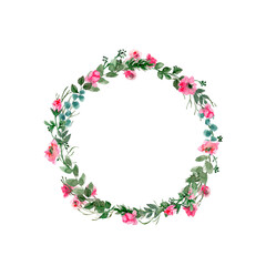 Watercolor pink peonies wreath. Circle pink roses frame. Green branches. Isolated floral Illustration. Perfect template for design