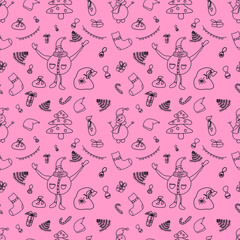 Christmas vector seamless pattern with happy Santa Claus on a pink background