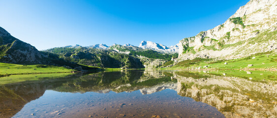 views of the mountain lake of the national park peaks of europe