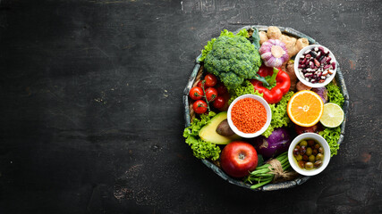 Big set organic food. Fresh vegetables and fruits. Top view. Free space for your text.