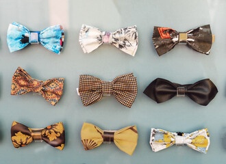Collection set of colorful ribbon bows in window shop