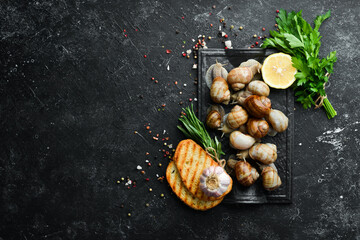French food. Snails on a black stone background with parsley and lemon. Top view. Free space for your text.