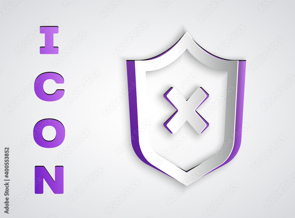 Poster paper cut shield with cross mark icon isolated on grey background. shield and rejected. notice of re