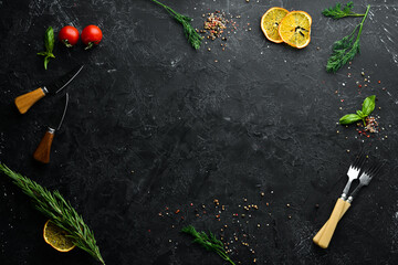 Black Stone Food Background. Cooking Ingredients. Top view. Free space for your text.