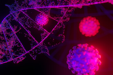 Coronavirus vaccine COVID-19 infection 3D medical illustration. Floating pathogen respiratory influenza covid virus cells with DNA. Dangerous pandemic risk background design