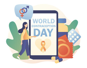World Contraception Day-text on smartphone screen. Safe sexual behavior, birth fertility control. Contraceptive methods in sexual and reproductive health. Modern flat cartoon style.Vector illustration