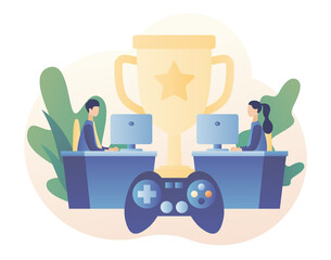 Cybersport concept. Professional gamers at video game online tournament competing  for trophy. E-sport. Modern flat cartoon style. Vector illustration on white background