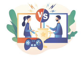 E-sport and cybersport concept. VS. Professional gamers at video game online tournament competing  for trophy. Modern flat cartoon style. Vector illustration on white background