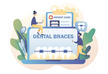 Obraz premium Dental braces. Online consultation. Orthodontic treatment and cosmetic odontology. Tiny people orthodontics and patients whose straightening teeth. Modern flat cartoon style. Vector illustration
