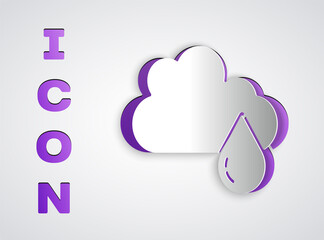 Paper cut Cloud with rain icon isolated on grey background. Rain cloud precipitation with rain drops. Paper art style. Vector.