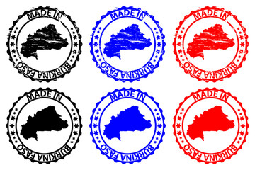 Made in Burkina Faso - rubber stamp - vector, Burkina Faso map pattern - black, blue and red