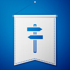 Blue Road traffic sign. Signpost icon isolated on blue background. Pointer symbol. Street information sign. Direction sign. White pennant template. Vector.