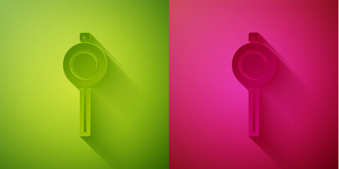 Paper cut Road traffic sign. Signpost icon isolated on green and pink background. Pointer symbol. Street information sign. Direction sign. Paper art style. Vector.