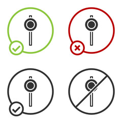 Black Road traffic sign. Signpost icon isolated on white background. Pointer symbol. Street information sign. Direction sign. Circle button. Vector.