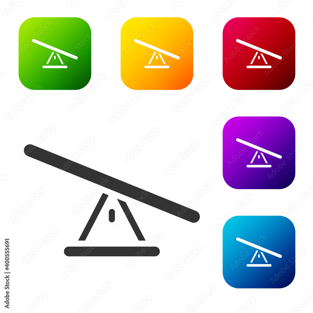 Poster black seesaw icon isolated on white background. teeter equal board. playground symbol. set icons in 