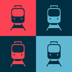 Pop art Train and railway icon isolated on color background. Public transportation symbol. Subway train transport. Metro underground. Vector.