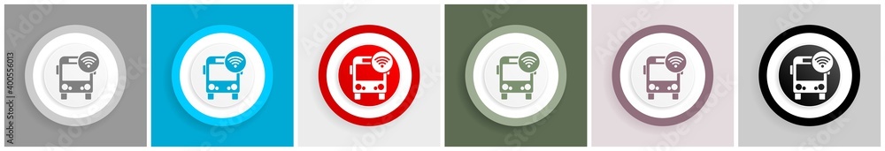 Poster bus with wifi icon set, colorful flat design vector illustrations in 6 options for web design and mo
